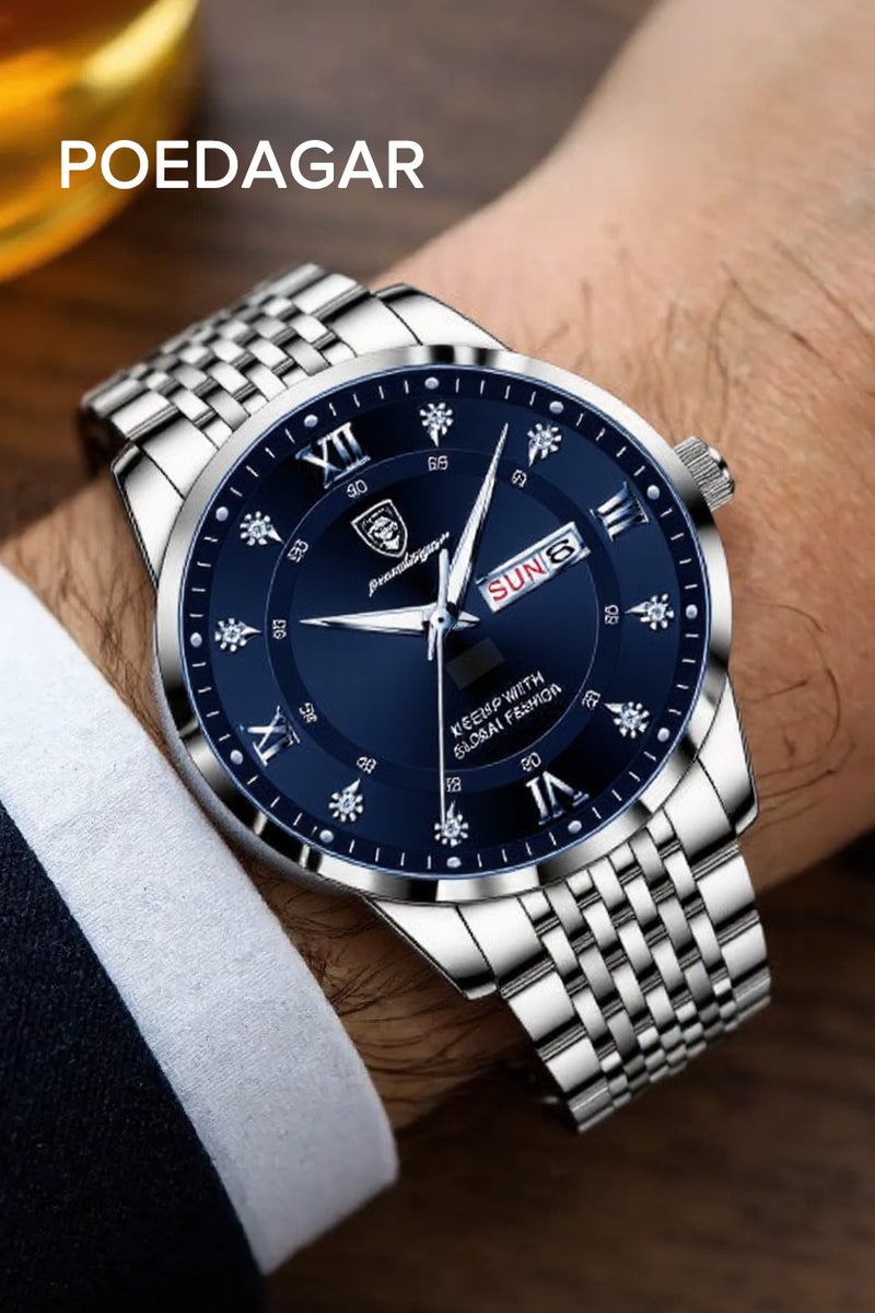 POEDAGAR Watches for Men , Man Watch Stainless Stain Business Quartz Watches Waterproof Luminous Week Date Men's Wristwach - 42mm