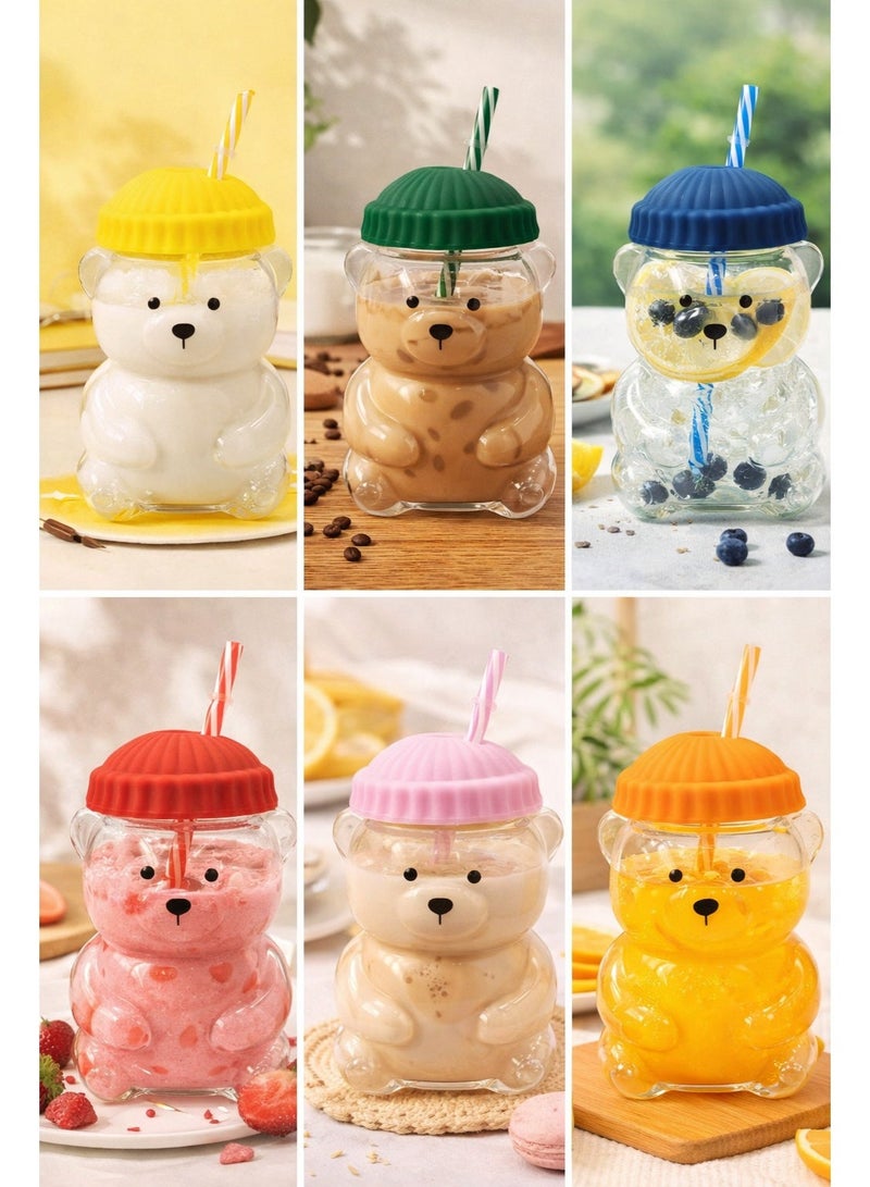 Dubai Aswaaq Cute Bear Glass Cup 600ML | Handmade Borosilicate Tumbler with Straw & Silicone Lid | Aesthetic Coffee Mug for Iced Coffee, Boba & Tea | Microwave Safe | Fast UAE Delivery 6 Vibrant Colors [PINK]