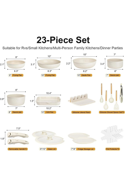 Ceramic Cookware Set Non Stick, 23PCS Pots and Pans Set Detachable Handle, Cream White