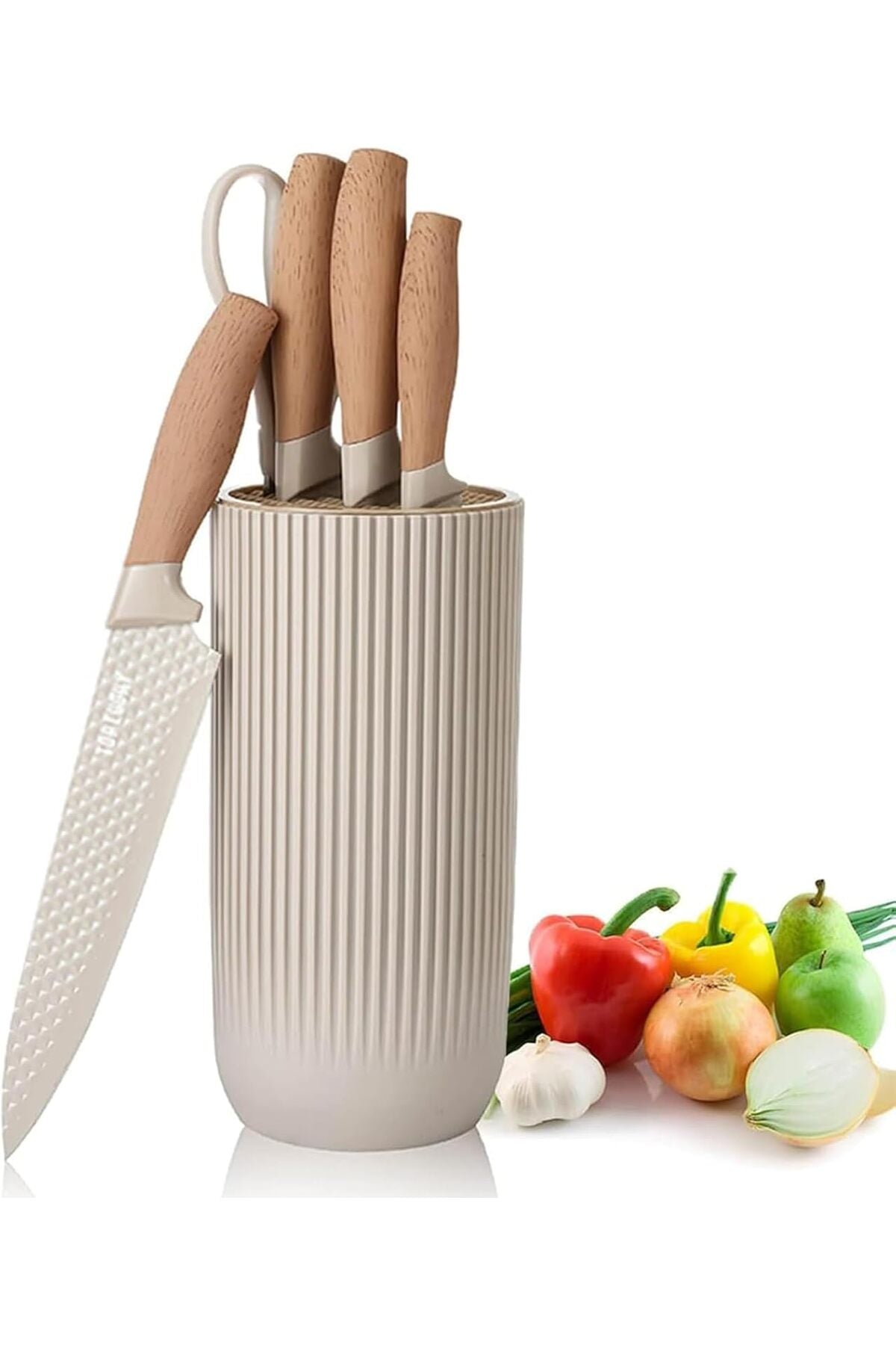 Kitchen Knife Set, 6-Pieces Khaki Sharp Knife Set for Kitchen, Non-stick Non-slip Stainless Steel Chef Knife Set with Universal Knife Block Suitable for Home Restaurant (Khaki)