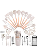 Kitchen Cooking Utensils Set, 46 pcs Non-Stick Silicone Spatula Set with Holder, Wooden Handle