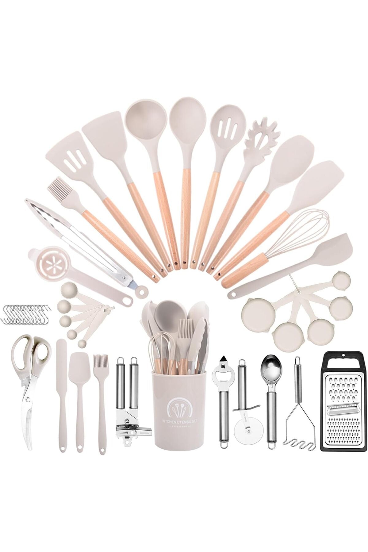 Kitchen Cooking Utensils Set, 46 pcs Non-Stick Silicone Spatula Set with Holder, Wooden Handle