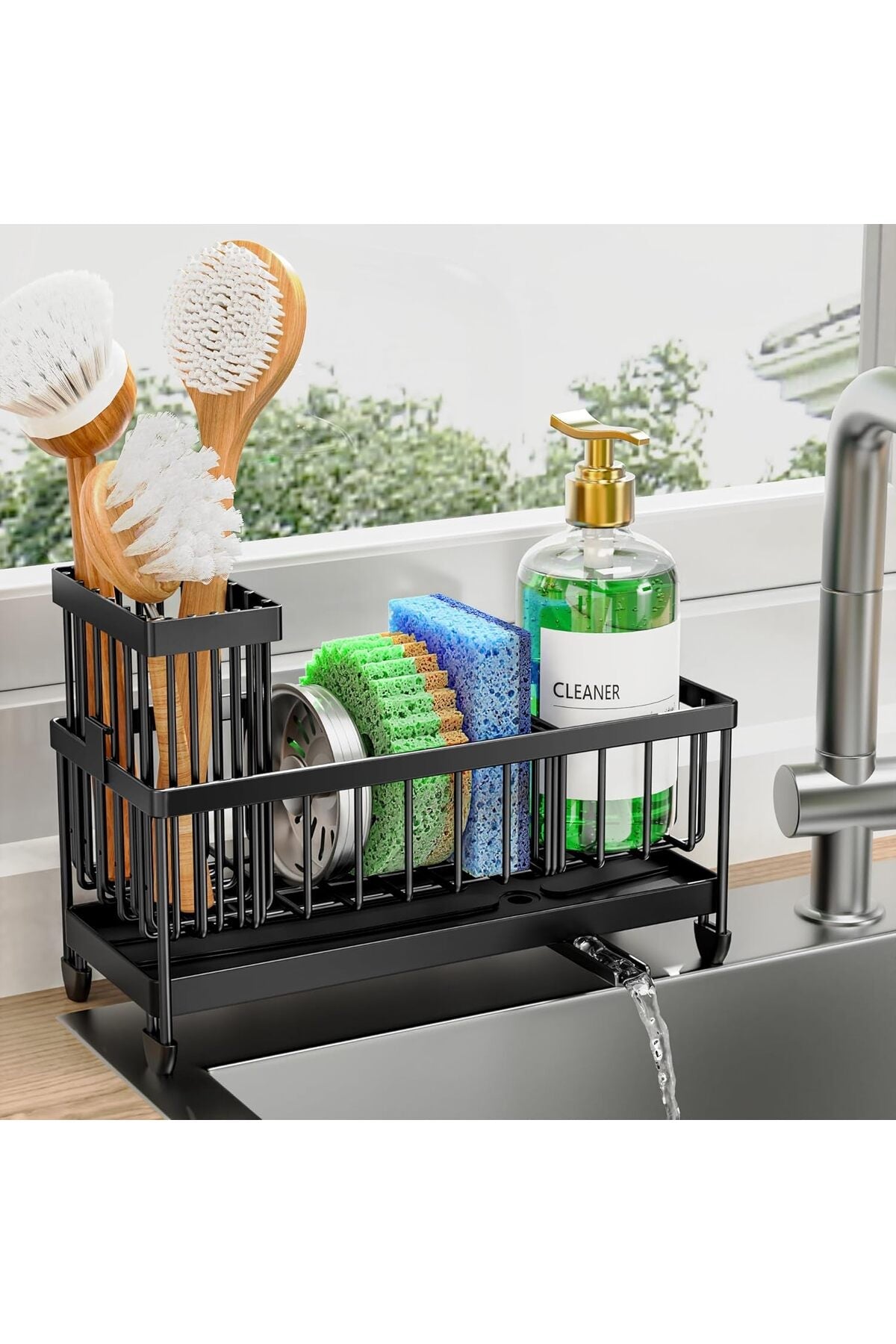 Sponge Holder for Kitchen Sink, Sink Caddy with High Brush Holder, Organzier Rustproof 304 Stainless Steel Dish Organizer Divider, Soap Dispenser Storage