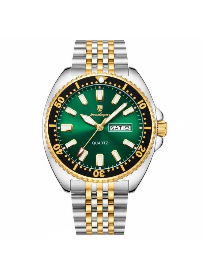 POEDAGAR Men’s Quartz Wrist Watch, Stainless Steel Strap, Dual Calendar Date Display, Luminous Hands - 682