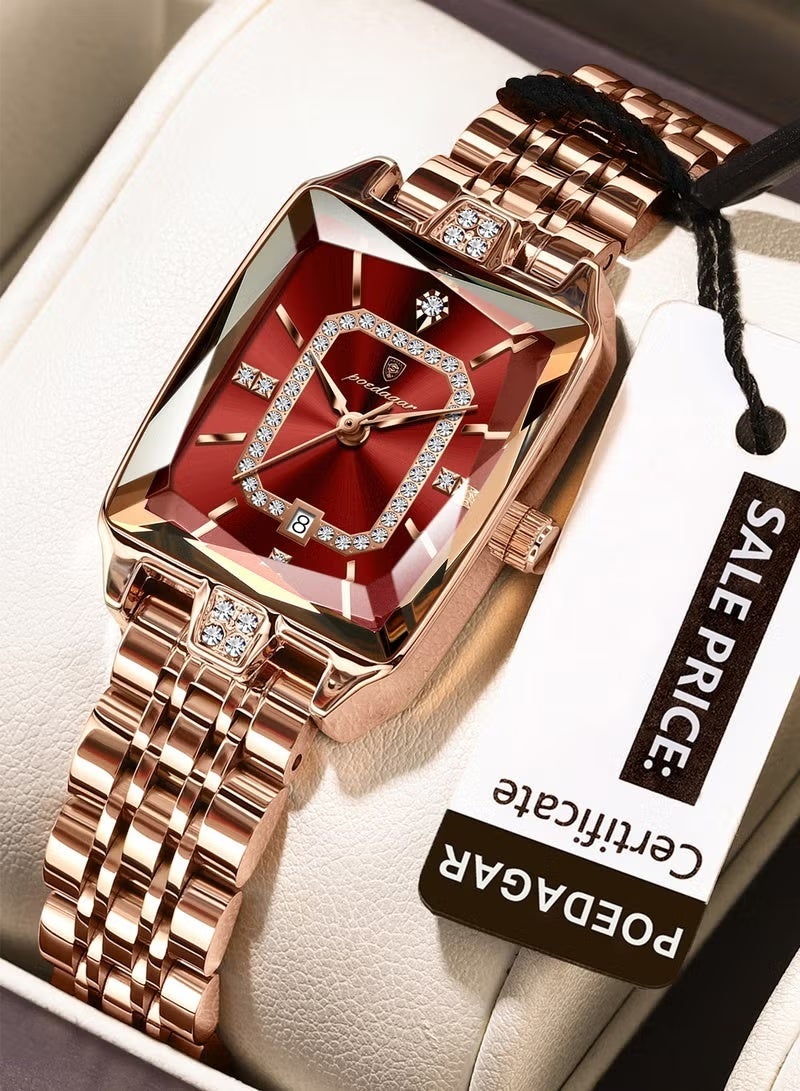 POEDAGAR Luxury Square Women's Watch with Diamond Markers: Original Quartz, Burgundy Red Dial, Waterproof Stainless Steel Bracelet Dawn Clock