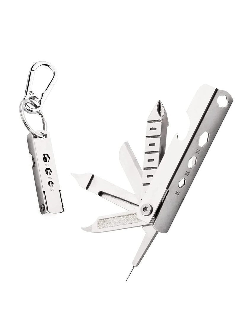 Keychain Multi-Tool, 11 in 1 Multi-Tool, Small Outdoor Gadgets, Screwdriver, Bottle Opener, Bicycle Spokes, etc, Birthday Gift (Silver)