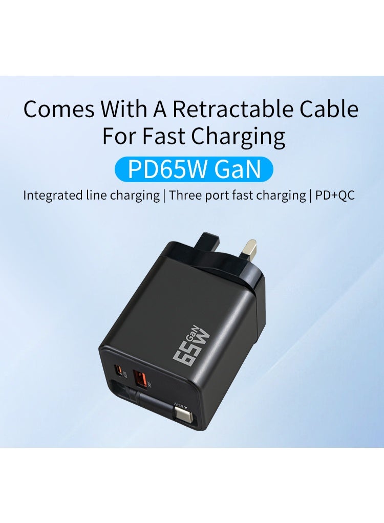 MMG 65W Type C Fast Charger with Retractable USB Cable, 3 Ports GaN Laptop Adapter, Compatible for M