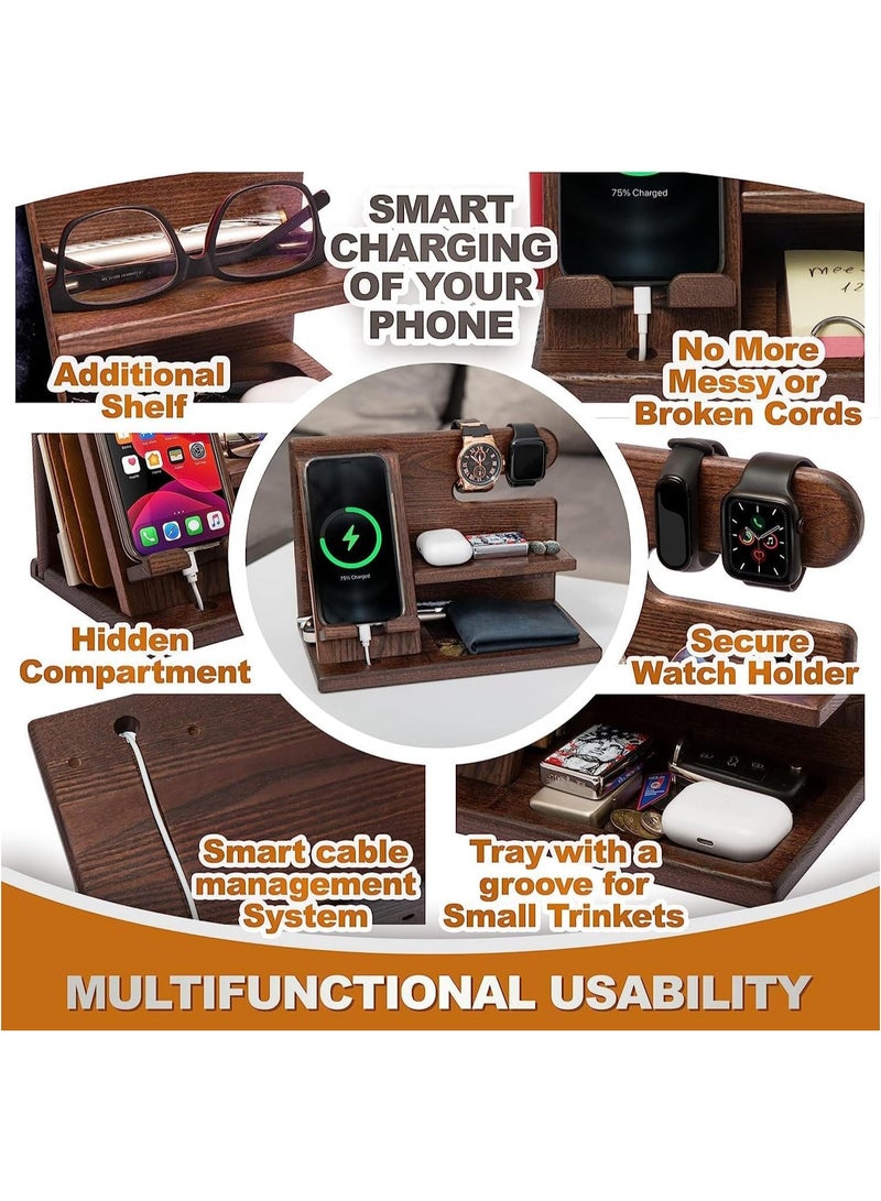 Wood Phone Docking Station Ash Key Holder Wallet Stand Watch Organizer, Nightstand Organizer Idea Gadgets for Men Husband Wife Dad Son Boyfriend Birthday Gifts
