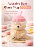 Dubai Aswaaq Cute Bear Glass Cup 600ML | Handmade Borosilicate Tumbler with Straw & Silicone Lid | Aesthetic Coffee Mug for Iced Coffee, Boba & Tea | Microwave Safe | Fast UAE Delivery 6 Vibrant Colors [PINK]
