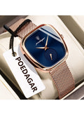 POEDAGAR Women's Quartz Watch - Rose Gold Mesh Strap, Blue Dial, Minimalist Luxury Design - 783