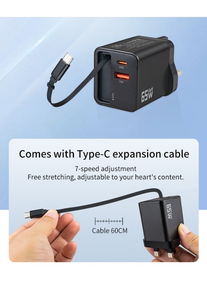 MMG 65W Type C Fast Charger with Retractable USB Cable, 3 Ports GaN Laptop Adapter, Compatible for M