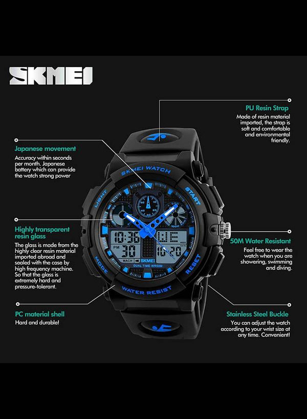 SKMEI Sports Wrist Watch Dual Display Analog and Digital Multi Functional LED Screen 50M Waterproof Mens Gadget