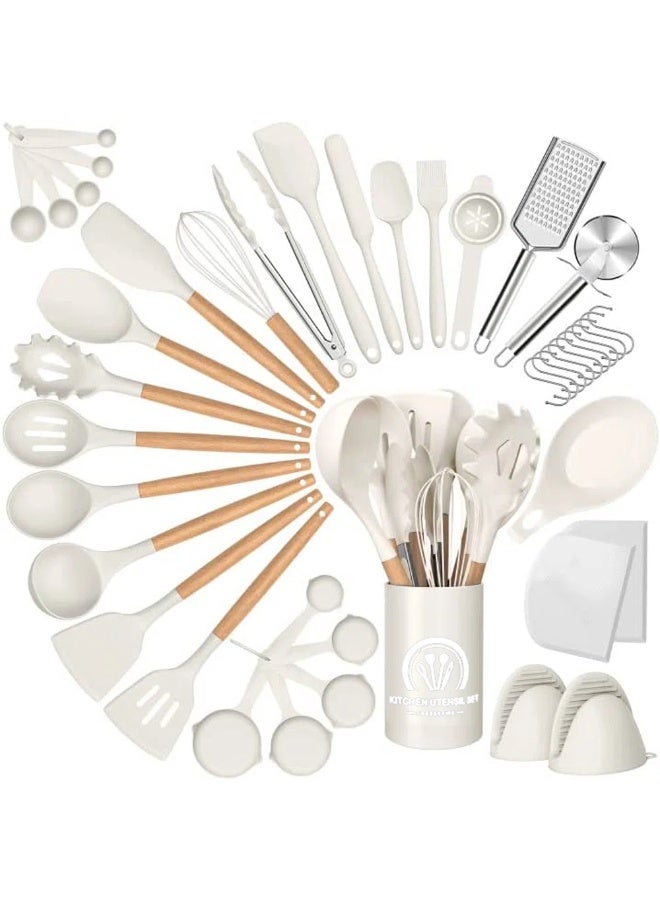 Caannasweis Kitchen Silicone 44 PCS Cooking Utensils Set, Kitchen Food-grade Non-Stick Heat Resistant Wooden Handle Gadgets Tools Set Cookware with Holder, Turner Spoon Brush Whisk Tongs Bucket （Beige)