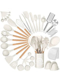 Caannasweis Kitchen Silicone 44 PCS Cooking Utensils Set, Kitchen Food-grade Non-Stick Heat Resistant Wooden Handle Gadgets Tools Set Cookware with Holder, Turner Spoon Brush Whisk Tongs Bucket （Beige)