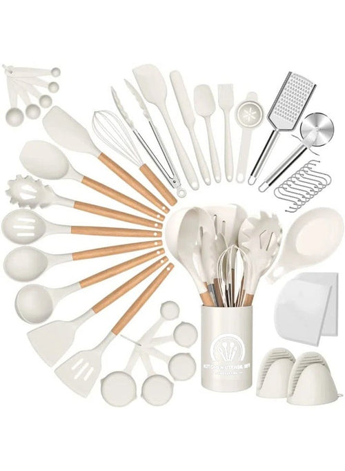 Caannasweis Kitchen Silicone 44 PCS Cooking Utensils Set, Kitchen Food-grade Non-Stick Heat Resistant Wooden Handle Gadgets Tools Set Cookware with Holder, Turner Spoon Brush Whisk Tongs Bucket （Beige)