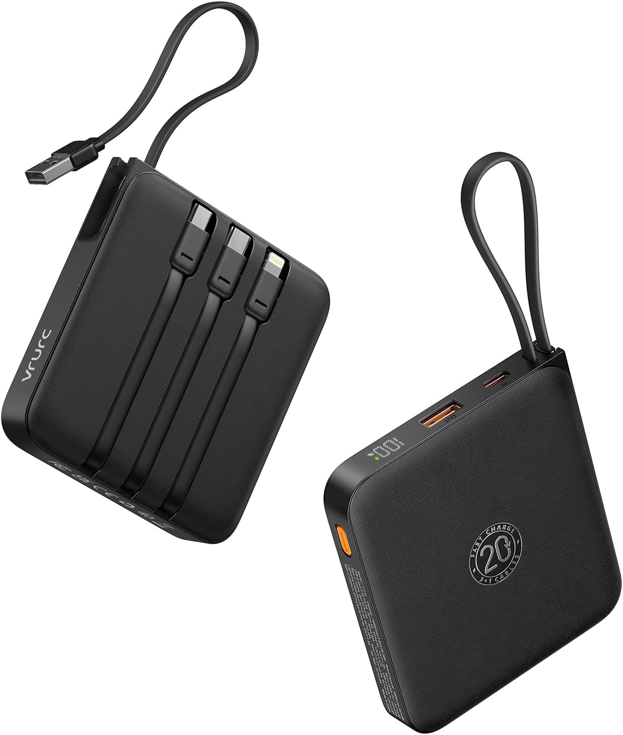 VRURC 20000mAh Power Bank with Built-in Cables, 22.5W Fast Charging Phone Portable Charger, USB C Ba