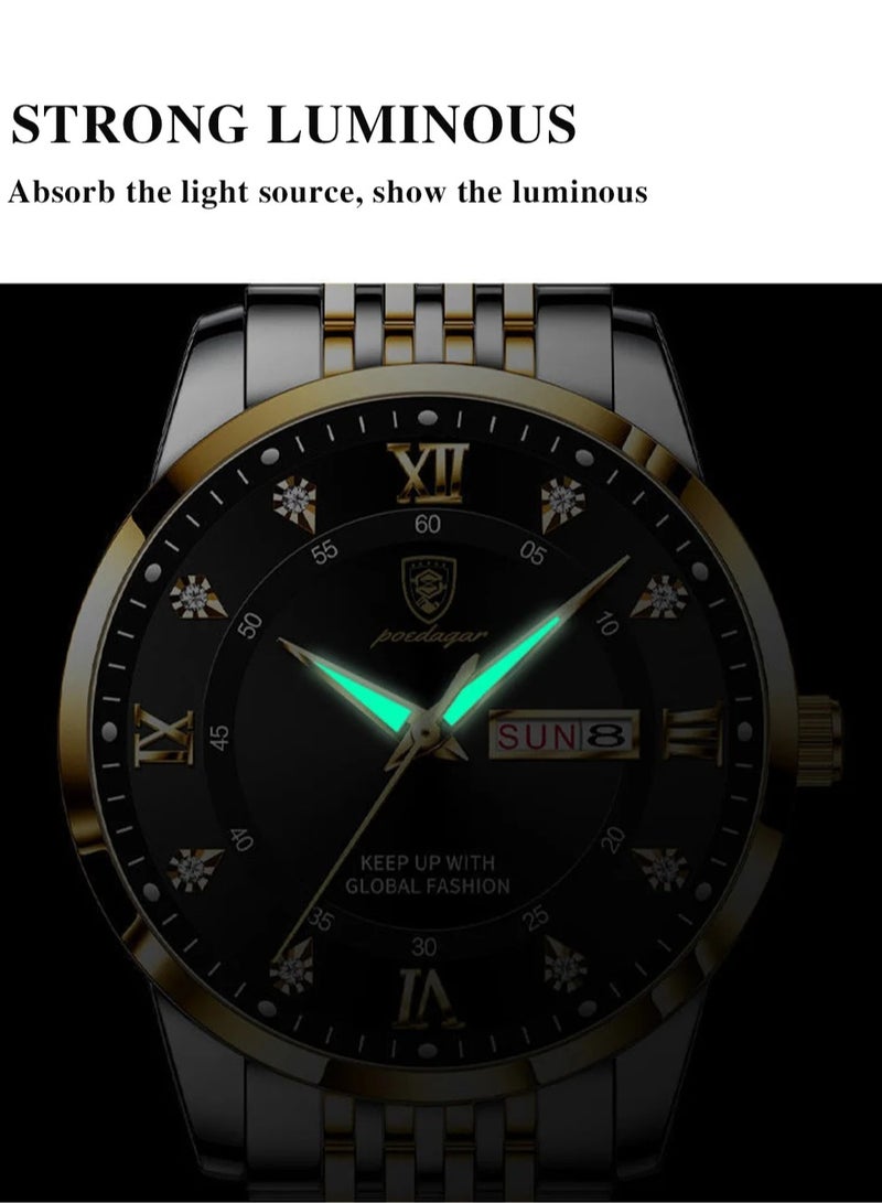 POEDAGAR Watches for Men , Man Watch Stainless Stain Business Quartz Watches Waterproof Luminous Week Date Men's Wristwach - 42mm