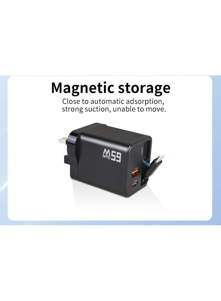 MMG 65W Type C Fast Charger with Retractable USB Cable, 3 Ports GaN Laptop Adapter, Compatible for M