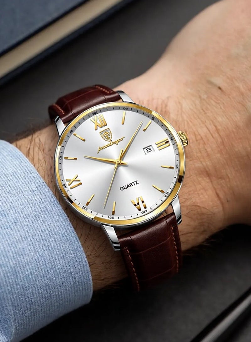 POEDAGAR Man Watch , Luxury Fashion Men Watch Business Leather Quartz Watches , Waterproof Luminous Men's Wrist Watches 41mm