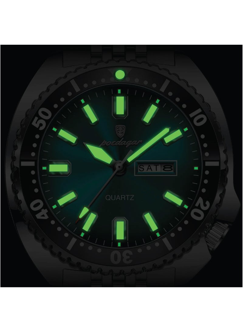 POEDAGAR Men’s Quartz Wrist Watch, Stainless Steel Strap, Dual Calendar Date Display, Luminous Hands - 682