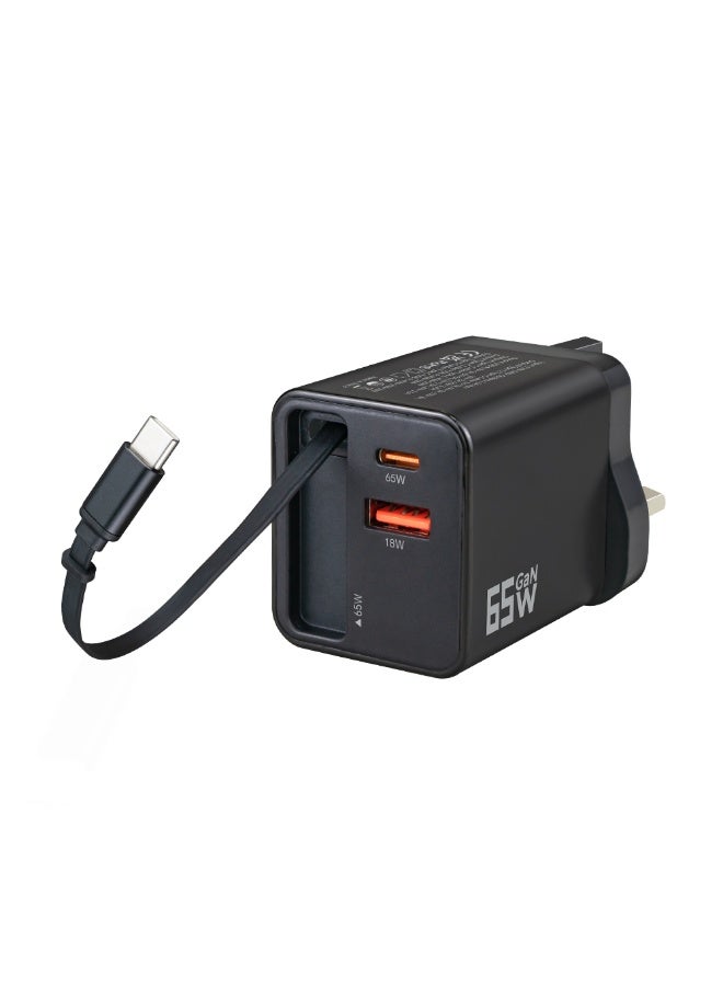 MMG 65W Type C Fast Charger with Retractable USB Cable, 3 Ports GaN Laptop Adapter, Compatible for M