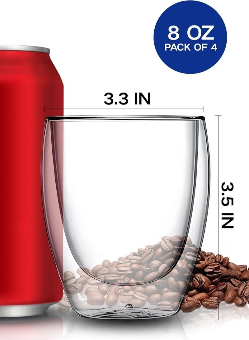 LIMOS Double Wall Glass Coffee Cups 250ml – Set of 4 Insulated Borosilicate Mugs for Hot & Cold Drinks | Latte, Cappuccino, Espresso, Tea, Juice, Water – Clear Glass Cups for Home & Office