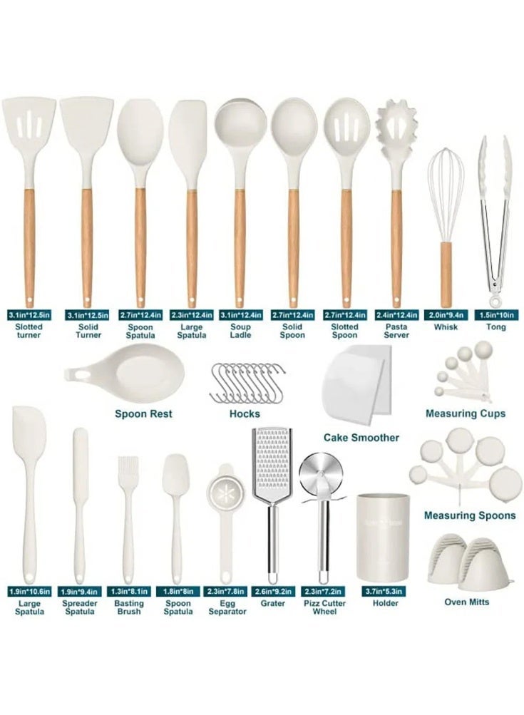 Caannasweis Kitchen Silicone 44 PCS Cooking Utensils Set, Kitchen Food-grade Non-Stick Heat Resistant Wooden Handle Gadgets Tools Set Cookware with Holder, Turner Spoon Brush Whisk Tongs Bucket （Beige)