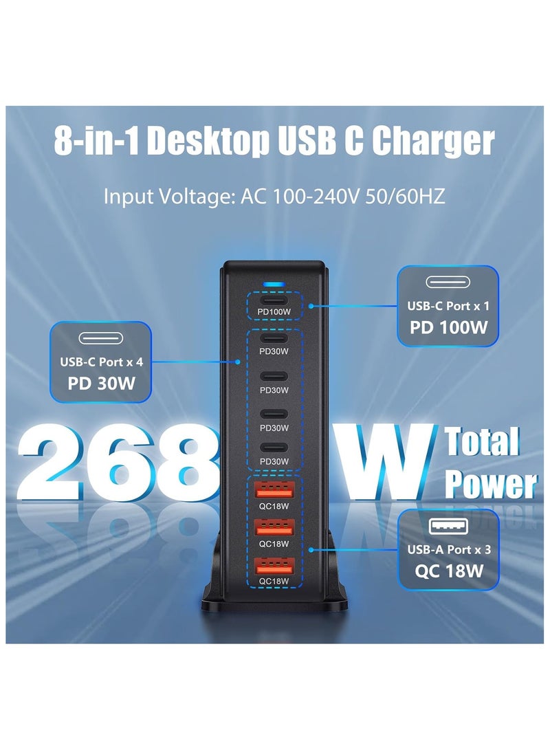MMG 268W USB C Charger, GaN III 8 Port Fast Charging Station Type C Hub, PD 100W Laptop Charger Adap
