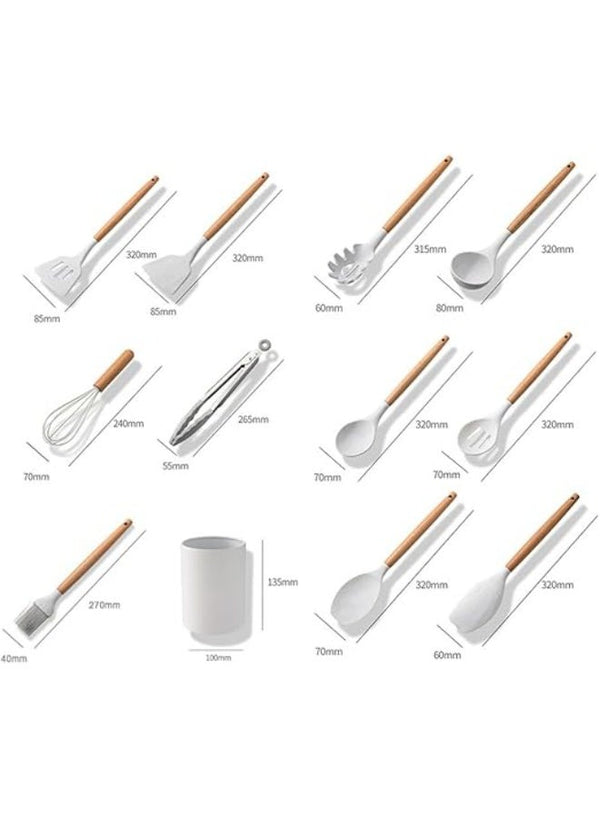 11 Pieces Silicone Cooking Utensils Set, Nonstick Cookware Set with Storage Bucket, Heat Resistant Kitchen Untensils Set with Premium Wood Handles