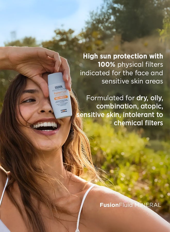 ISDIN Fusion Fluid Mineral SPF 50+ [50Ml] - 100% Physical Filter Mineral Sunscreen For Hypersensitive, Atopic, Or Chemically-Treated Skin