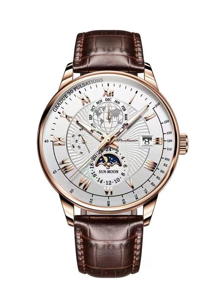 POEDAGAR Men's Business Wristwatch - Roman Numerals, Mineral Glass, Waterproof, Triple - Hand with Moon Phase Display