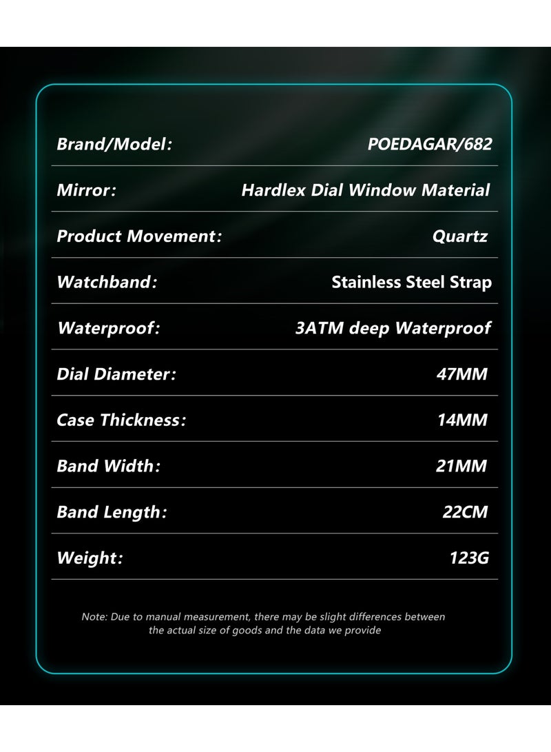 POEDAGAR Men’s Quartz Wrist Watch, Stainless Steel Strap, Dual Calendar Date Display, Luminous Hands - 682