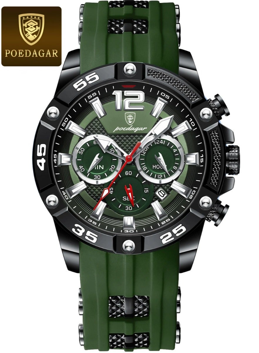 POEDAGAR Man Watch, Multifunction Waterproof Sports Watch, Luminous Quartz Watch Silicone Strap 46mm