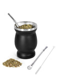 JoyousSto Yerba Mate Cup and Bombilla Kit, 8 oz Gourd Set, Double Walled 304 Stainless Steel Insulating Cup With Straw and Cleaning Brush, Easy to Clean Black