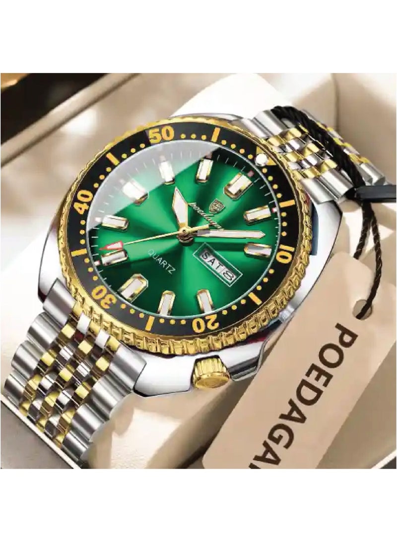 POEDAGAR Men’s Quartz Wrist Watch, Stainless Steel Strap, Dual Calendar Date Display, Luminous Hands - 682