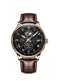 POEDAGAR Men's Business Wristwatch - Roman Numerals, Mineral Glass, Waterproof, Triple - Hand with Moon Phase Display