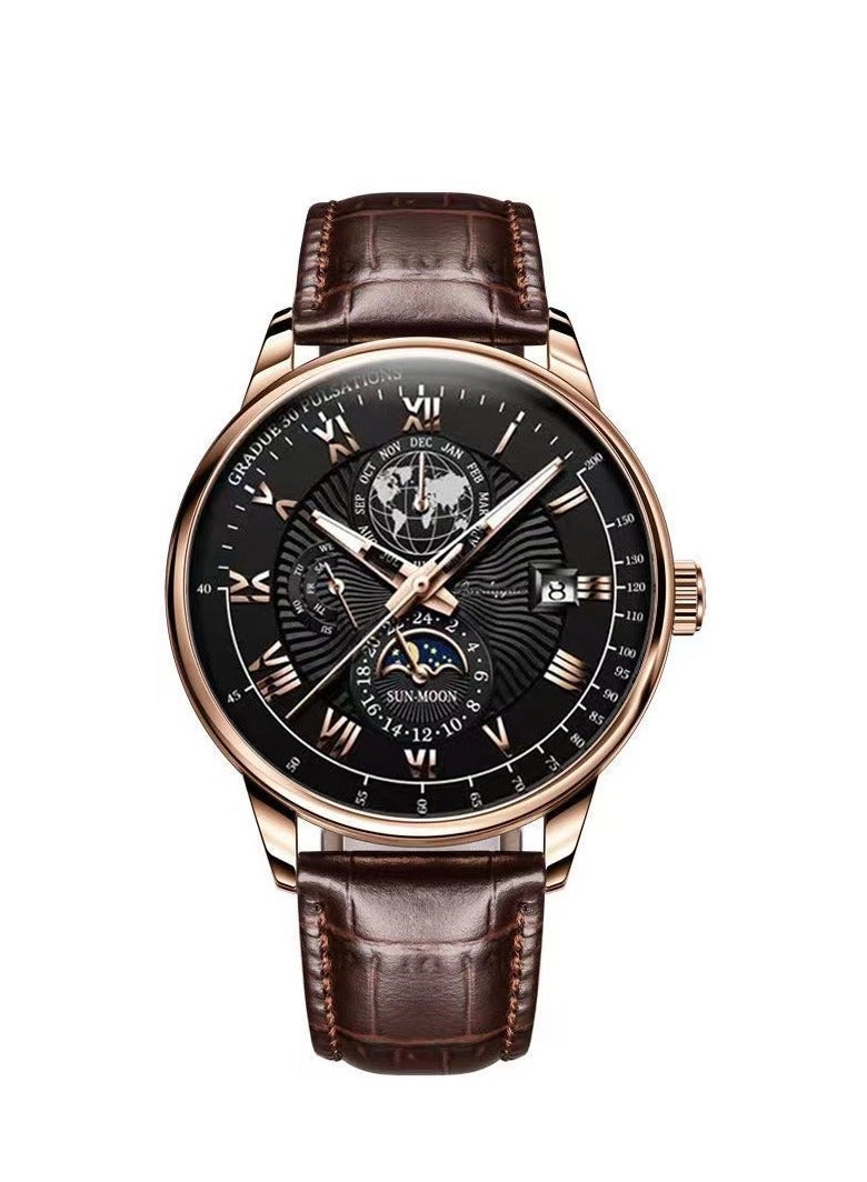 POEDAGAR Men's Business Wristwatch - Roman Numerals, Mineral Glass, Waterproof, Triple - Hand with Moon Phase Display