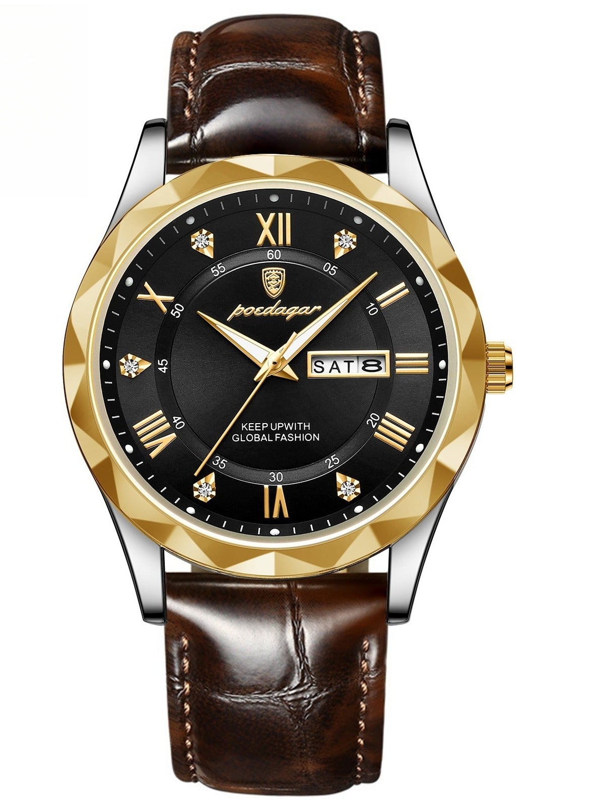POEDAGAR Luxury Men's Watch with Leather Strap, Sapphire Crystal Glass, Luminous, Waterproof, and Calendar Feature