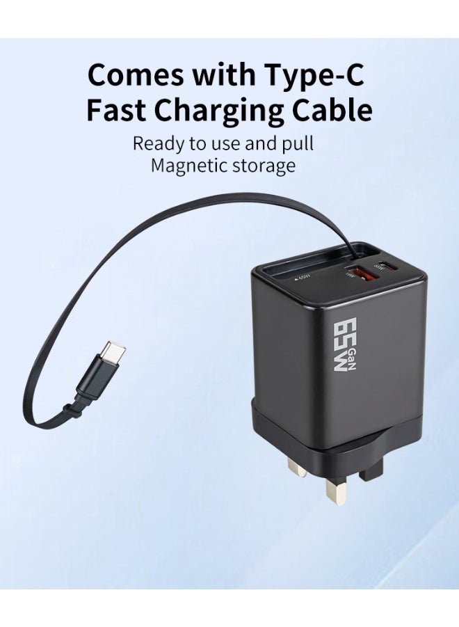 MMG 65W Type C Fast Charger with Retractable USB Cable, 3 Ports GaN Laptop Adapter, Compatible for M